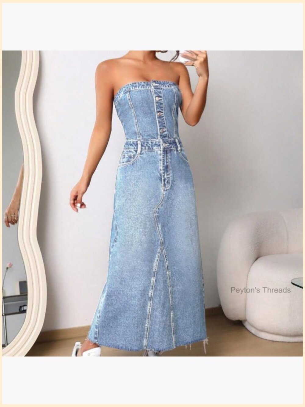Strapless Denim Tube Dress Back Smocked Midi Slim Fit A-Line Sleeveless Party - Picture 6 of 6
